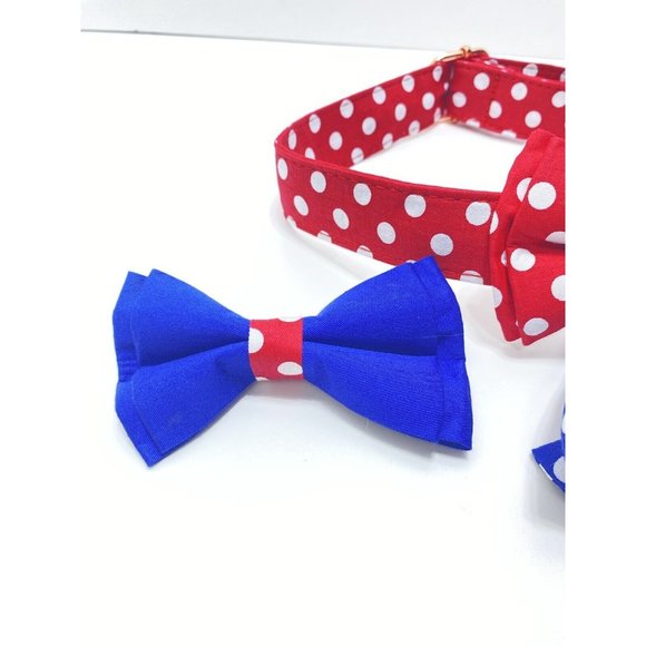 Brand New Polka Dot XL Dog Collar With Removable Bow Ties, Leash Clip Red & Blue - Picture 2 of 7
